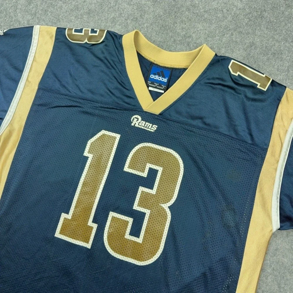VTG St. Louis Rams Jersey Mens Large Blue Kurt Warner 13 Adidas Football 90s‎